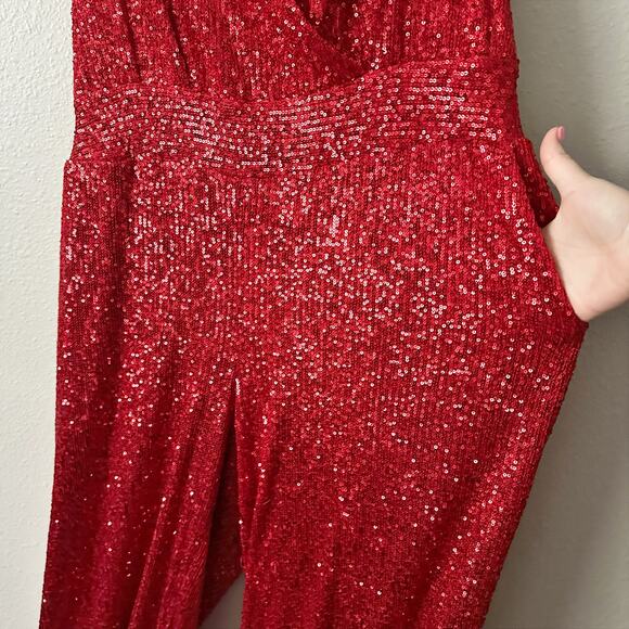 Fashion To Figure Red Sequin V Neck Halter Party Jumpsuit women’s plus size 0X - Picture 4 of 12